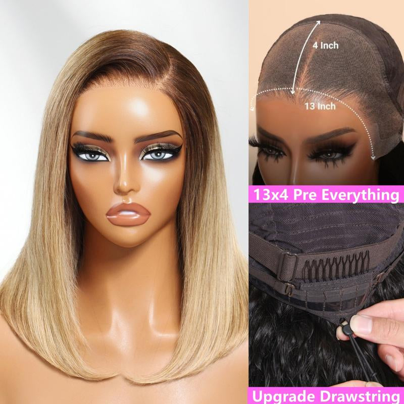 Unice Glueless Piano Highlights Brown Straight Bob Wig with Dark Roots Pre Cut 7X5/13X4 HD Lace Front Human Hair Wigs with Invisible Knots Ready and Go Short Bob Wig for Women Beginners Friendly