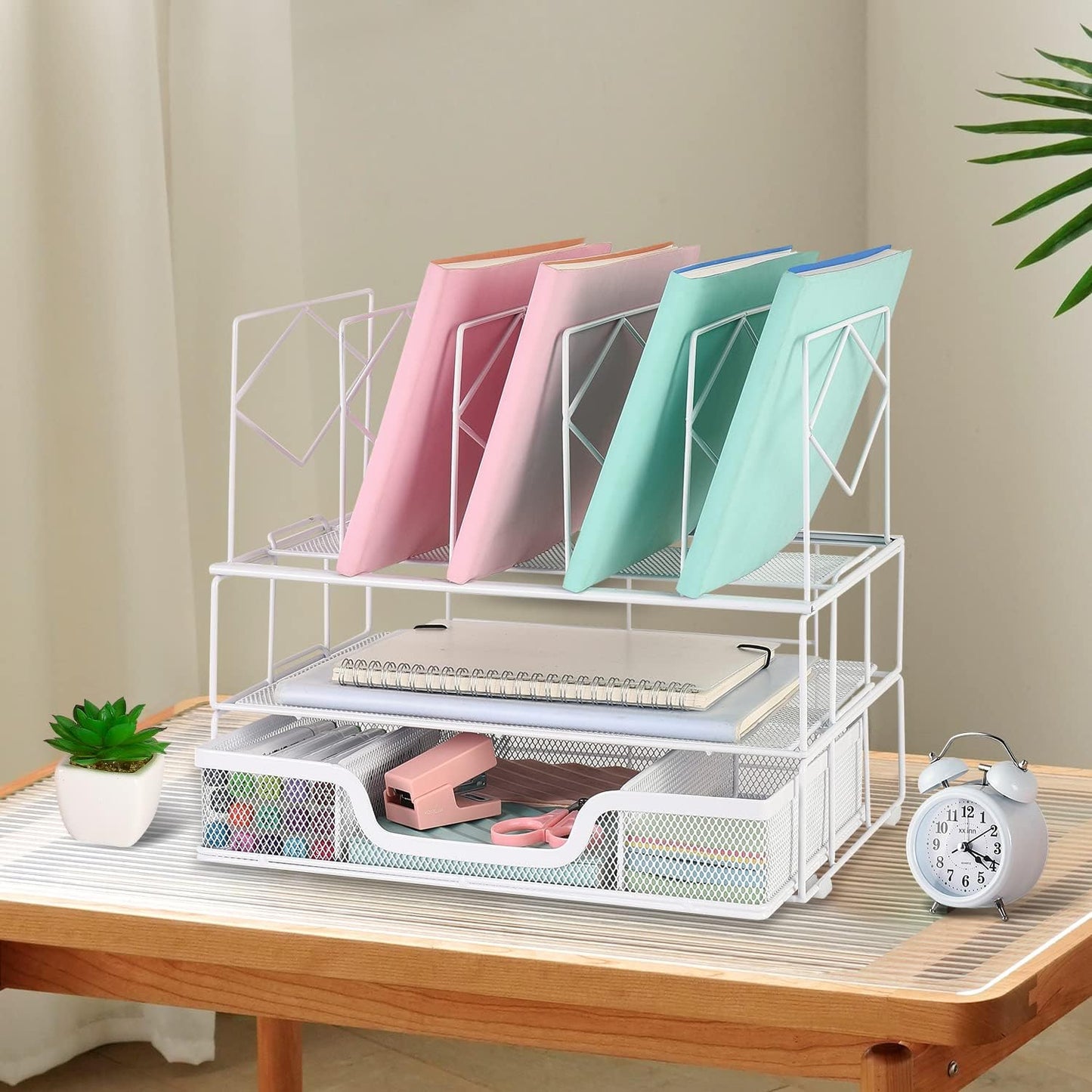 Desk Organizers and Accessories, Office Supplies Organizer with Sliding Drawer, Double Tray 5 Upright Section âFile Sorter (White)