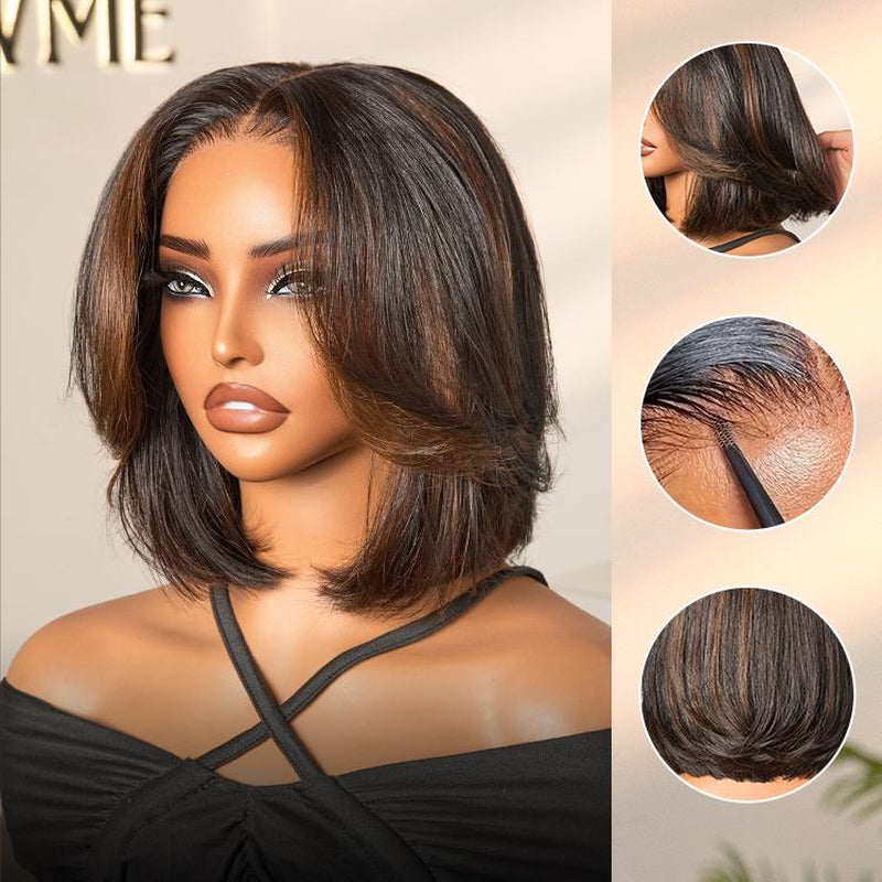 LUVME Blonde Highlight / Brown Highlight Short 180% Density Layered Bob Wig Glueless 5X5 Closure Pre-Cut Lace 100% Human Hair Wig