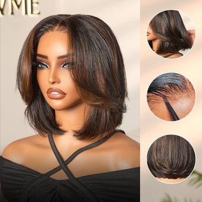 LUVME Blonde Highlight / Brown Highlight Short 180% Density Layered Bob Wig Glueless 5X5 Closure Pre-Cut Lace 100% Human Hair Wig