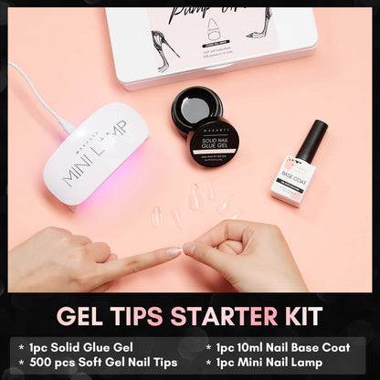 Nail Tips and Glue Kit: 15ML Solid Gel with 500PCS Almond Medium Soft Tips, Full Cover Pre-Buffed Nails, Portable Mini Lamp, and Base Coat for DIY Manicure Art