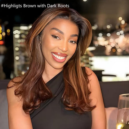 Unice Glueless Piano Highlights Brown Straight Bob Wig with Dark Roots Pre Cut 7X5/13X4 HD Lace Front Human Hair Wigs with Invisible Knots Ready and Go Short Bob Wig for Women Beginners Friendly