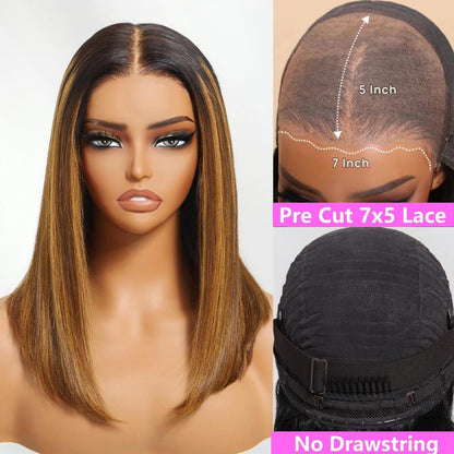 Unice Glueless Piano Highlights Brown Straight Bob Wig with Dark Roots Pre Cut 7X5/13X4 HD Lace Front Human Hair Wigs with Invisible Knots Ready and Go Short Bob Wig for Women Beginners Friendly