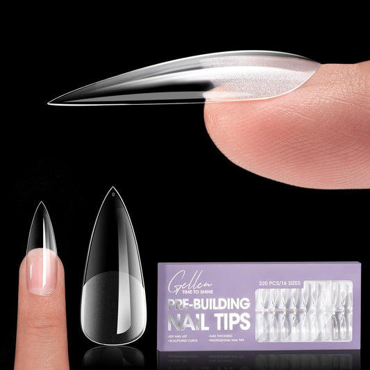 Long Almond Tipex Nail Tips, 320Pcs Instant Apex Nail Tips, 16 Sizes Pre-Builder Gel Tips Long Stiletto Almond Strong Full Cover False Nail Tips Gel Extension Tips for Flat Nails
