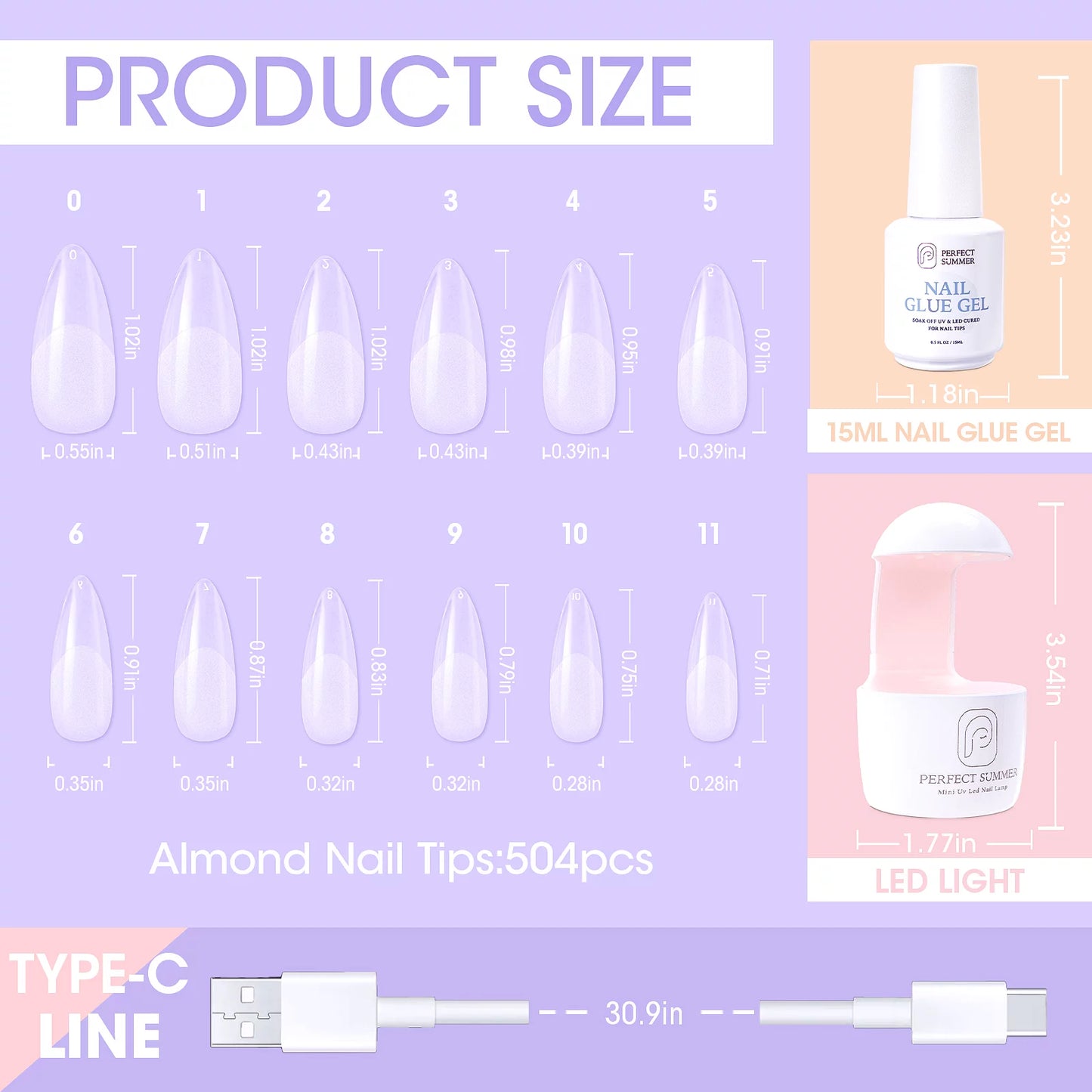 Almond Fake Nail Tips for Press on Nails, 504Pcs Soft Gel Tips for Nail Extensions Full Cover Pre-Shaped 12 Sizes Clear False Nails for Nail Art