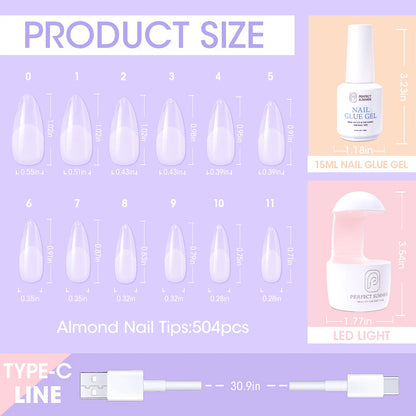 Almond Fake Nail Tips for Press on Nails, 504Pcs Soft Gel Tips for Nail Extensions Full Cover Pre-Shaped 12 Sizes Clear False Nails for Nail Art