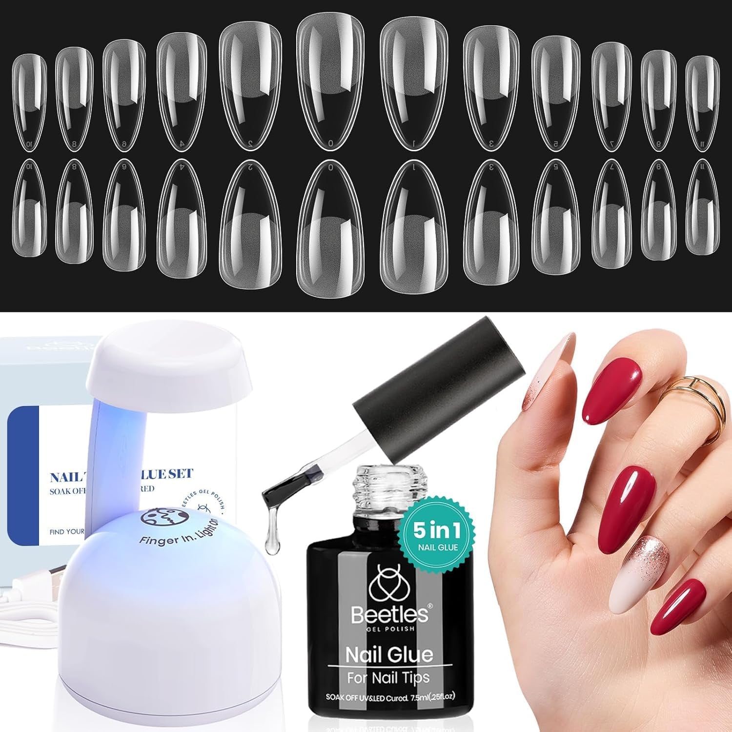 Beetles Nail Extension Kit, 500Pcs Matte Almond Tips + UV Lamp & 5-In-1 Gel Glue