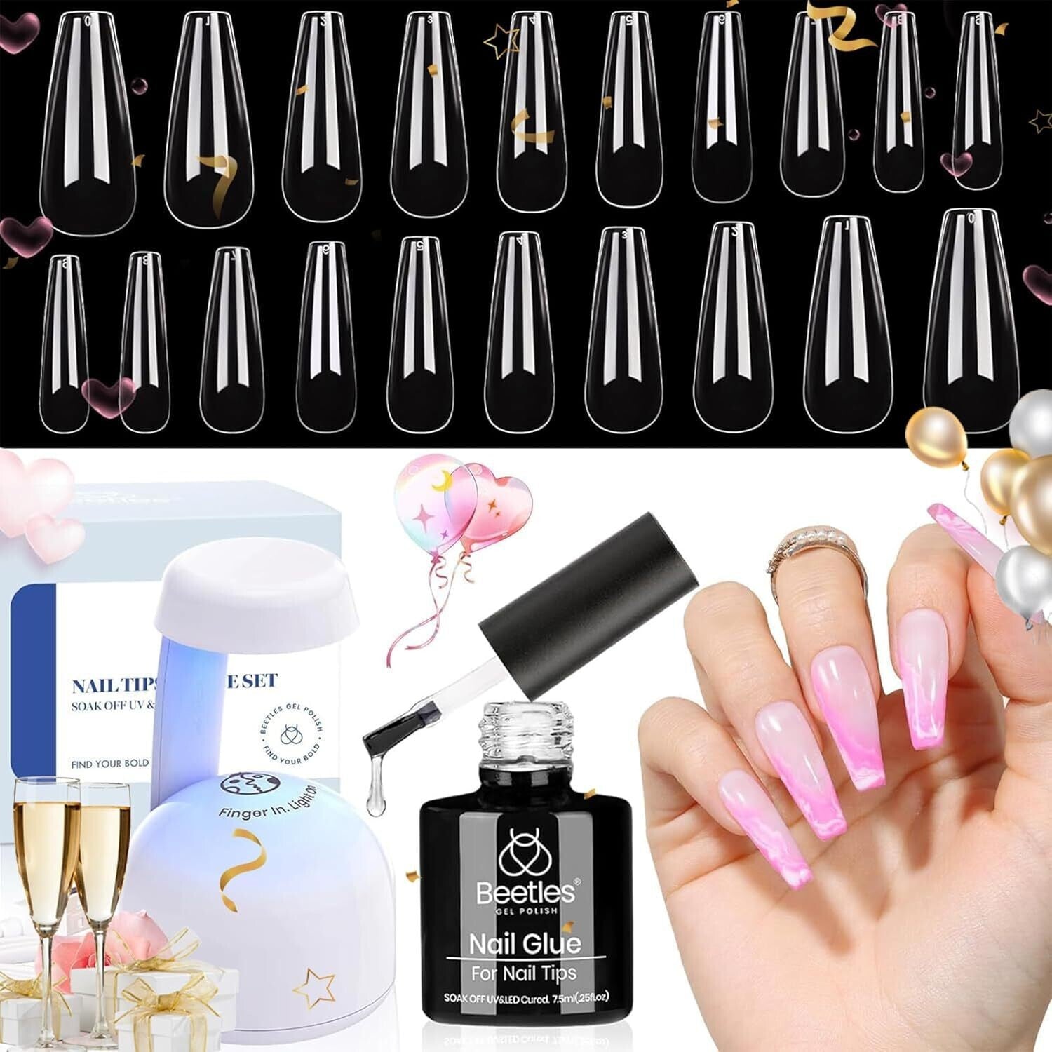 All-In-One Gel Nail Kit - 500Pcs Soft Gel Tips, 5-In-1 Nail Glue & LED UV Lamp