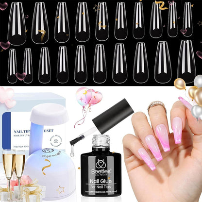 All-In-One Gel Nail Kit - 500Pcs Soft Gel Tips, 5-In-1 Nail Glue & LED UV Lamp