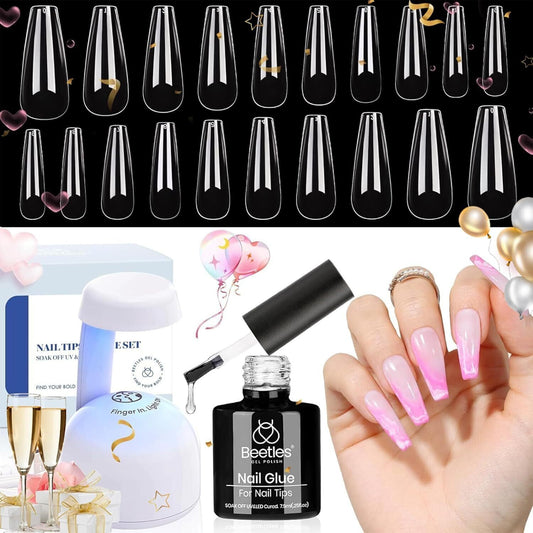 All-In-One Gel Nail Kit - 500Pcs Soft Gel Tips, 5-In-1 Nail Glue & LED UV Lamp