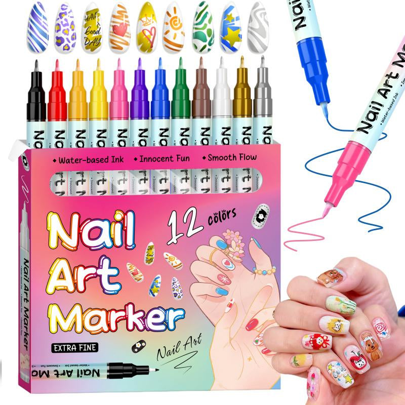 12 Color Nail Art Pens, 0.5 MM Nail Polish Pens Set Drawing Painting Point Liner Acrylic Painted Pen Kit, Waterproof and Quick-Drying Nail for DIY Nails Art Design Manicure Tools