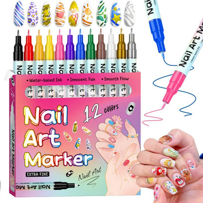 12 Color Nail Art Pens, 0.5 MM Nail Polish Pens Set Drawing Painting Point Liner Acrylic Painted Pen Kit, Waterproof and Quick-Drying Nail for DIY Nails Art Design Manicure Tools