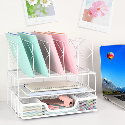 Desk Organizers and Accessories, Office Supplies Organizer with Sliding Drawer, Double Tray 5 Upright Section ​File Sorter (White)