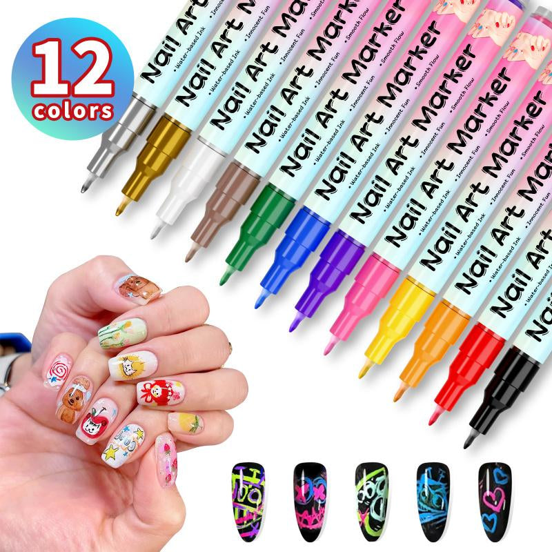 12 Color Nail Art Pens, 0.5 MM Nail Polish Pens Set Drawing Painting Point Liner Acrylic Painted Pen Kit, Waterproof and Quick-Drying Nail for DIY Nails Art Design Manicure Tools