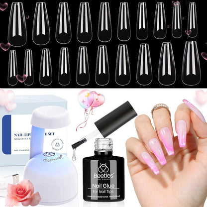 All-In-One Gel Nail Kit - 500Pcs Soft Gel Tips, 5-In-1 Nail Glue & LED UV Lamp