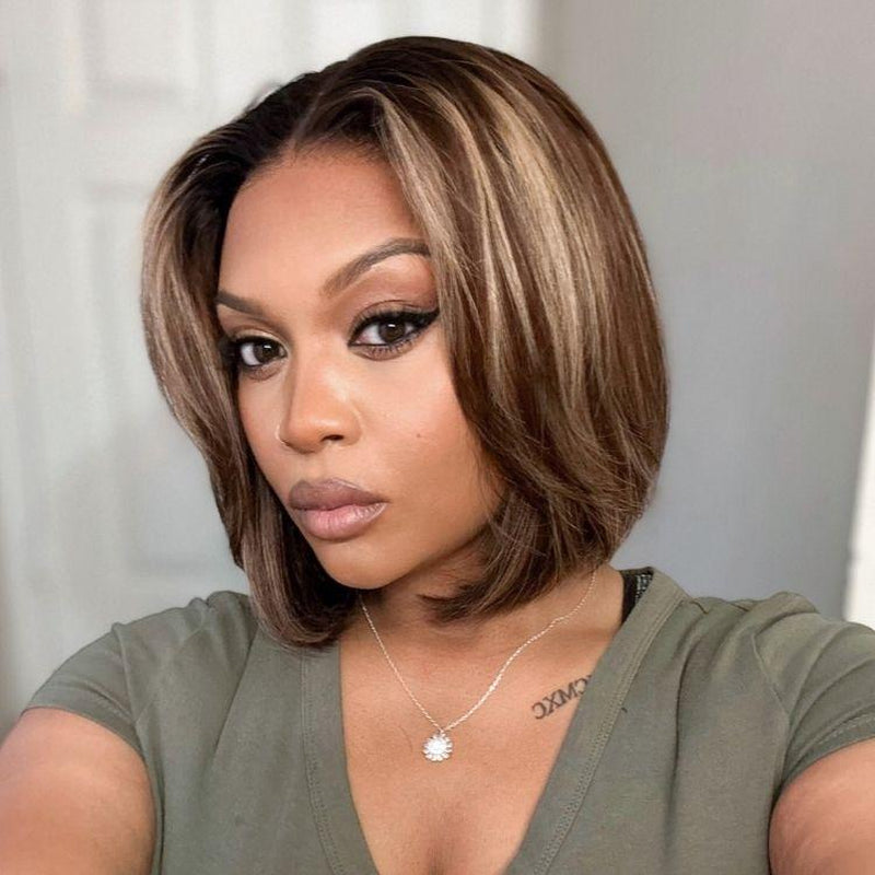 LUVME Blonde Highlight / Brown Highlight Short 180% Density Layered Bob Wig Glueless 5X5 Closure Pre-Cut Lace 100% Human Hair Wig