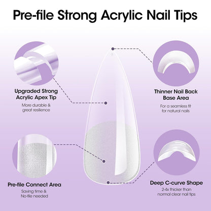 Long Almond Tipex Nail Tips, 320Pcs Instant Apex Nail Tips, 16 Sizes Pre-Builder Gel Tips Long Stiletto Almond Strong Full Cover False Nail Tips Gel Extension Tips for Flat Nails