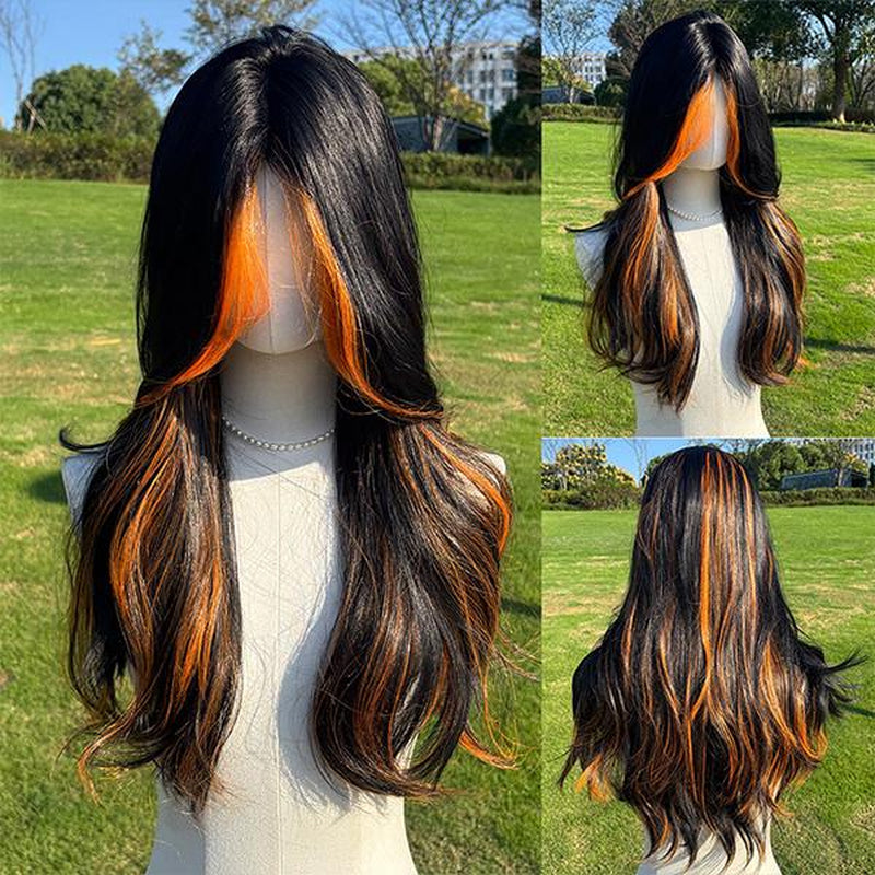 Smilco/24-Inch Brown Orange Highlight Wavy Middle Part Hair for Women/Synthetic Full Machine Wigs/Wigs for Christmas/Sm5029