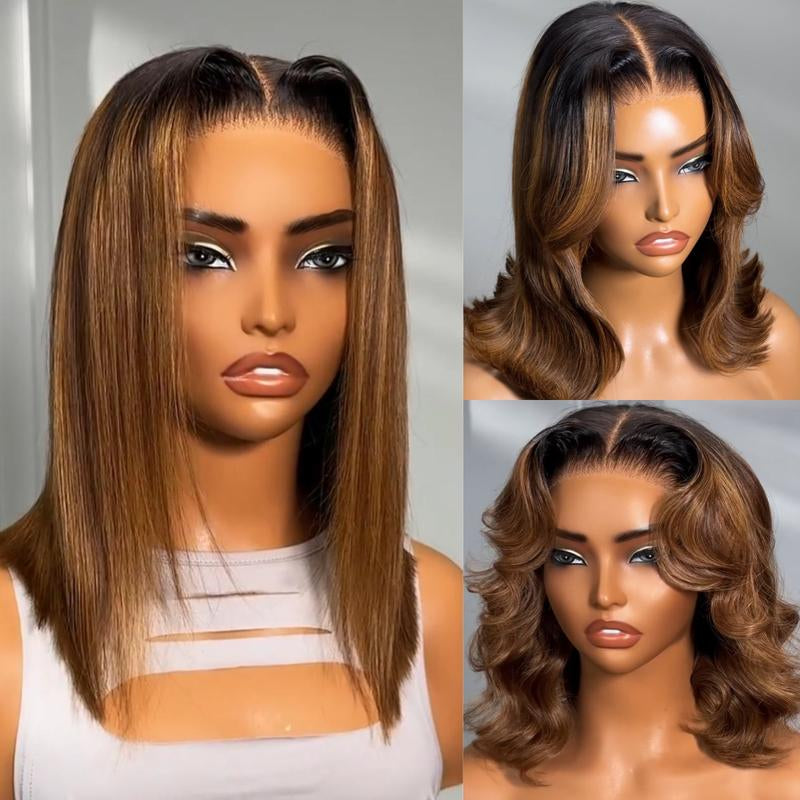 Unice Glueless Piano Highlights Brown Straight Bob Wig with Dark Roots Pre Cut 7X5/13X4 HD Lace Front Human Hair Wigs with Invisible Knots Ready and Go Short Bob Wig for Women Beginners Friendly