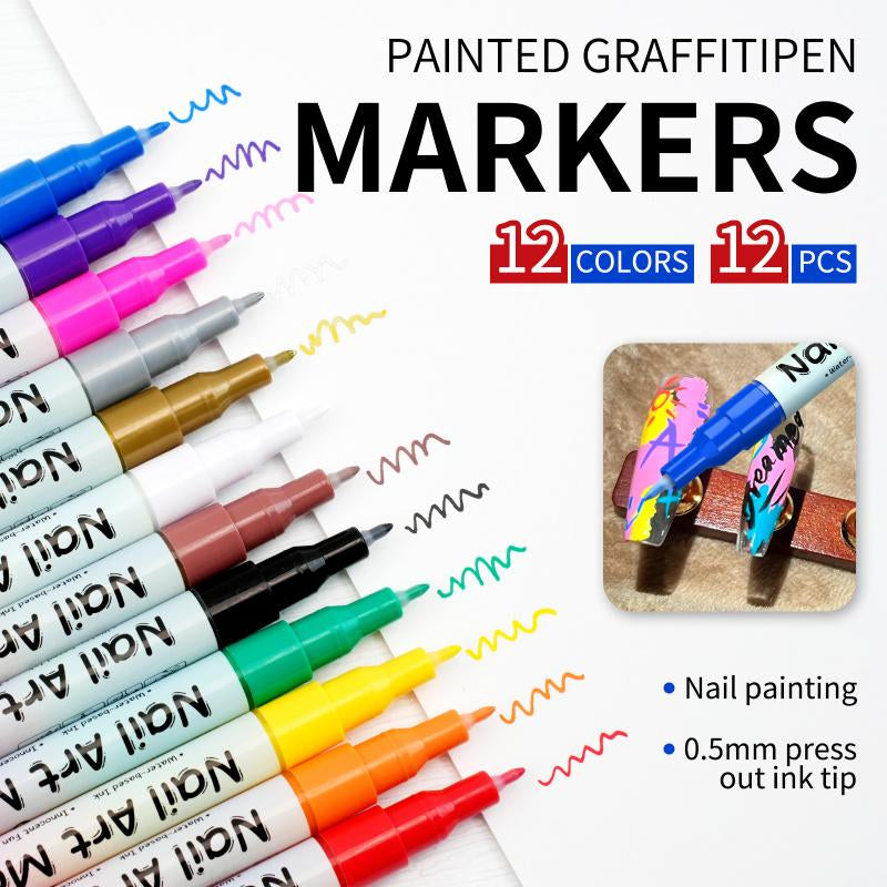 12 Color Nail Art Pens, 0.5 MM Nail Polish Pens Set Drawing Painting Point Liner Acrylic Painted Pen Kit, Waterproof and Quick-Drying Nail for DIY Nails Art Design Manicure Tools
