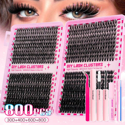Surprise! Cluster Lash Extension Gift Set | Includes 30D 40D 60D 80D Natural Styles + 100D Extra Volume | Soft & Lightweight | Comes with Glue, Tweezers & Brush | Easy DIY at Home | Create Salon-Quality Look | Long-Lasting Glamorous Effect