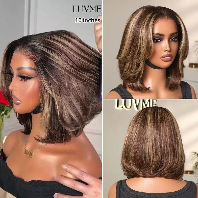 LUVME Blonde Highlight / Brown Highlight Short 180% Density Layered Bob Wig Glueless 5X5 Closure Pre-Cut Lace 100% Human Hair Wig