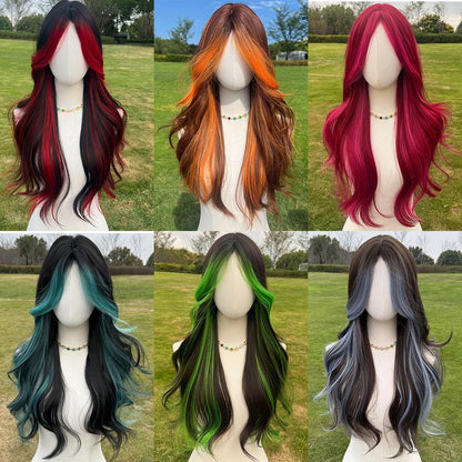 Smilco/24-Inch Brown Orange Highlight Wavy Middle Part Hair for Women/Synthetic Full Machine Wigs/Wigs for Christmas/Sm5029