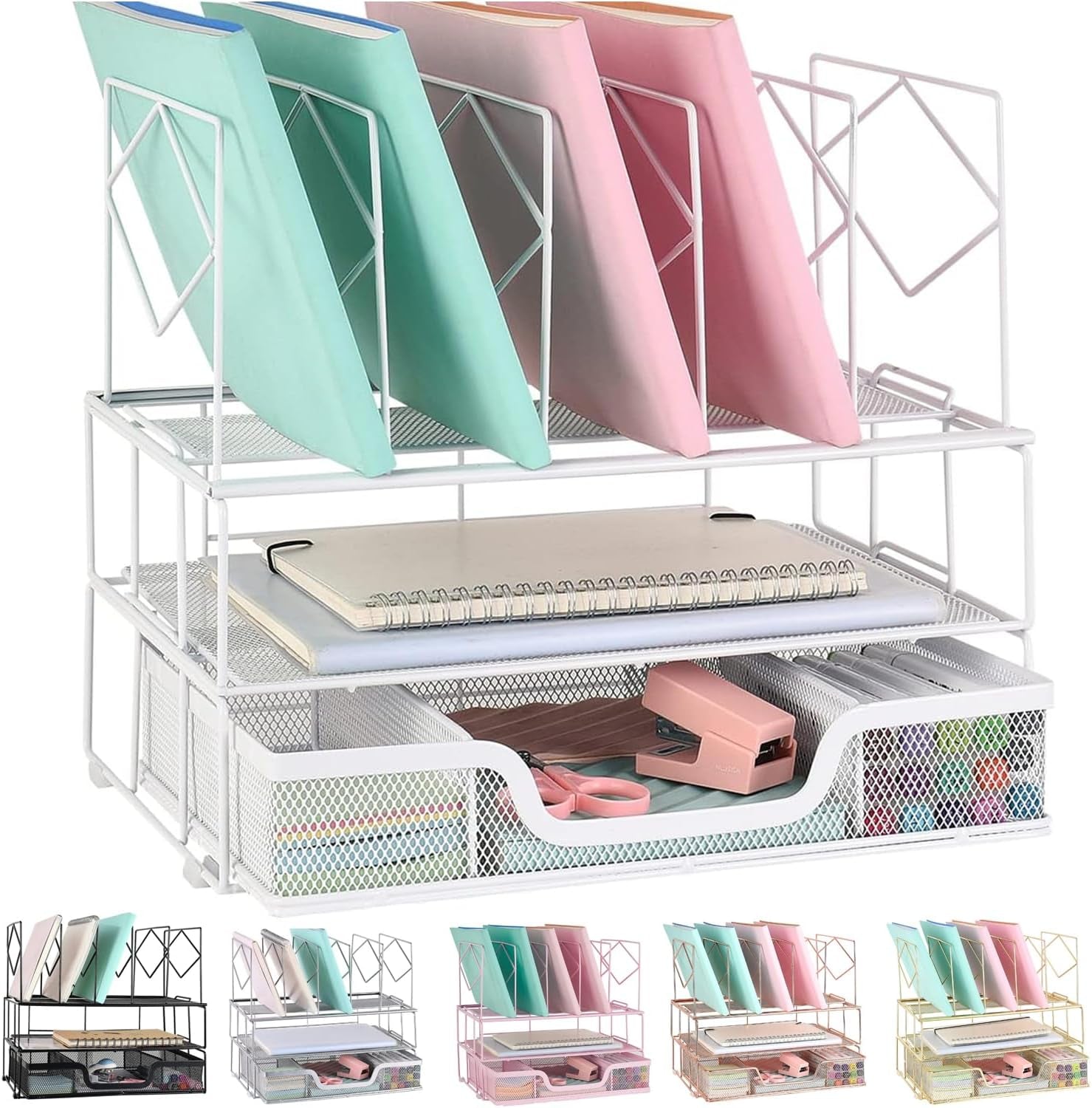 Desk Organizers and Accessories, Office Supplies Organizer with Sliding Drawer, Double Tray 5 Upright Section ​File Sorter (White)