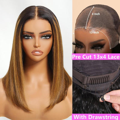 Unice Glueless Piano Highlights Brown Straight Bob Wig with Dark Roots Pre Cut 7X5/13X4 HD Lace Front Human Hair Wigs with Invisible Knots Ready and Go Short Bob Wig for Women Beginners Friendly
