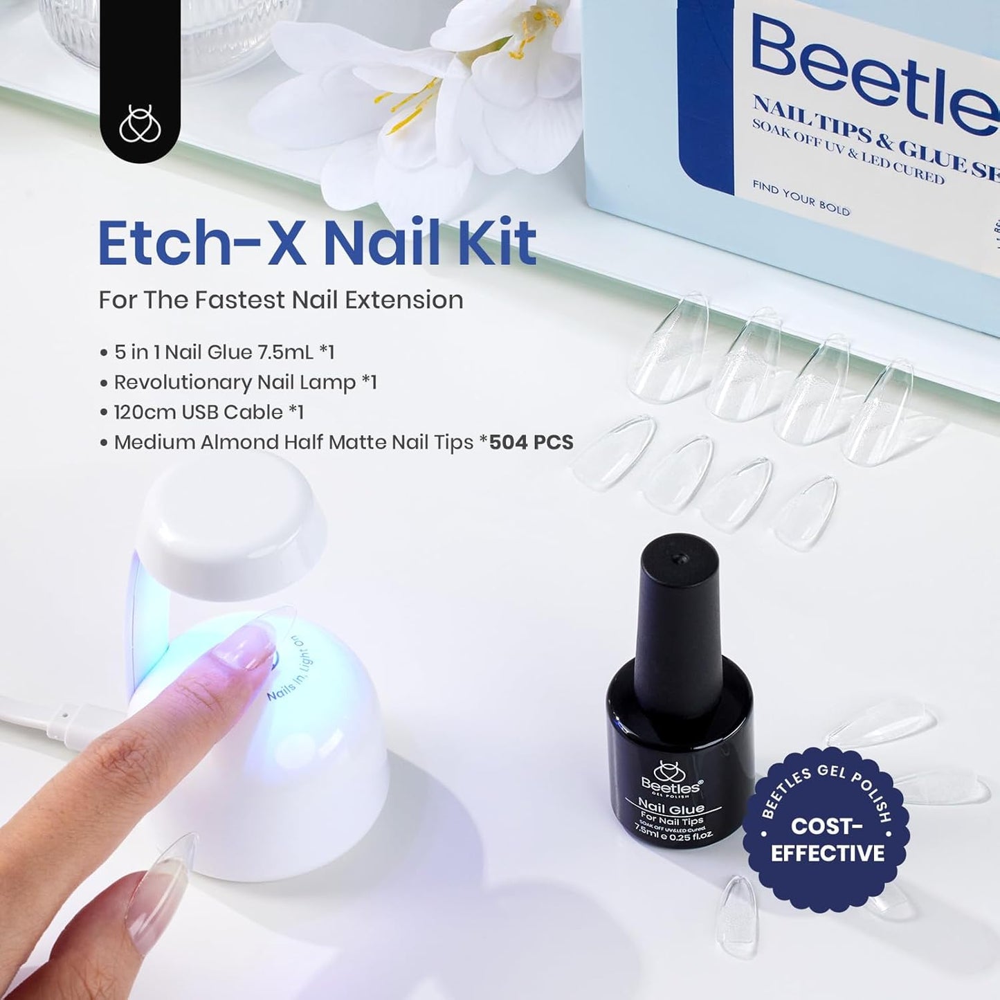 Beetles Nail Extension Kit, 500Pcs Matte Almond Tips + UV Lamp & 5-In-1 Gel Glue