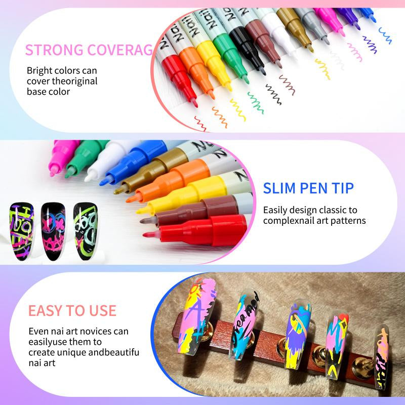 12 Color Nail Art Pens, 0.5 MM Nail Polish Pens Set Drawing Painting Point Liner Acrylic Painted Pen Kit, Waterproof and Quick-Drying Nail for DIY Nails Art Design Manicure Tools