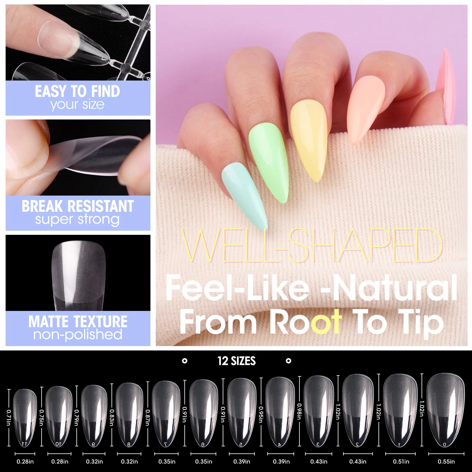 Almond Fake Nail Tips for Press on Nails, 504Pcs Soft Gel Tips for Nail Extensions Full Cover Pre-Shaped 12 Sizes Clear False Nails for Nail Art