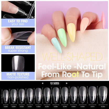 Almond Fake Nail Tips for Press on Nails, 504Pcs Soft Gel Tips for Nail Extensions Full Cover Pre-Shaped 12 Sizes Clear False Nails for Nail Art