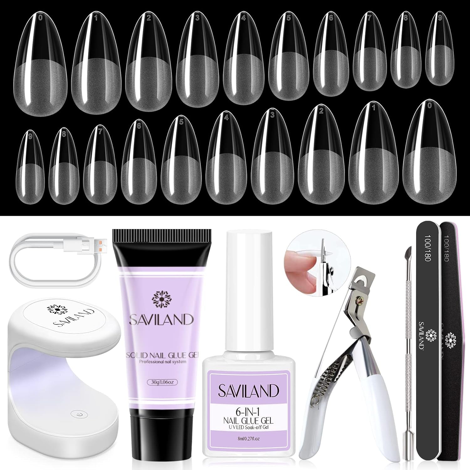 Gel X Nail Kit Stater Set - Medium Almond Soft Nail Tips with 30G Solid Glue Gel Nail Glue Gel with Portable Nail Lamp Gel Tips Nail Extension Gel X Kit Home DIY Salon