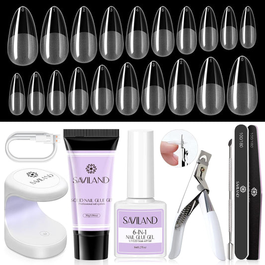 Gel X Nail Kit Stater Set - Medium Almond Soft Nail Tips with 30G Solid Glue Gel Nail Glue Gel with Portable Nail Lamp Gel Tips Nail Extension Gel X Kit Home DIY Salon