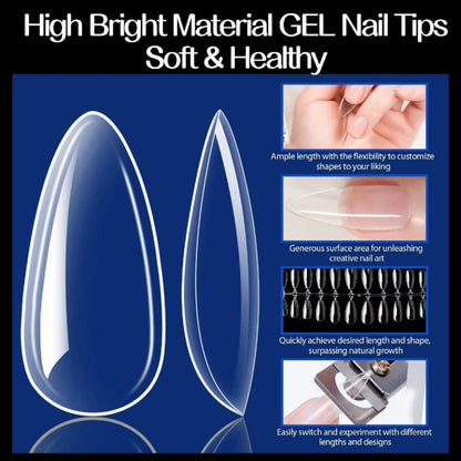 Almond Fake Gel Nail Tips, 216Pcs Medium Almond Pre Shaped Nails Tips for Long-Lasting Acrylic Nails, Perfect for DIY at Home French Style Nail Salon 12 Sizes