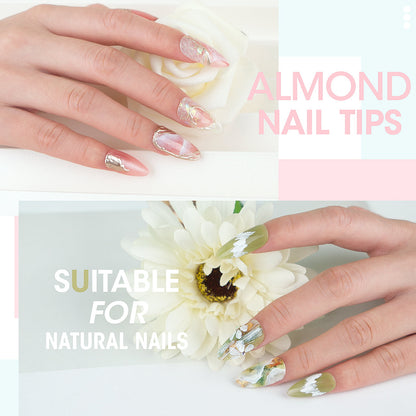 Almond Fake Nail Tips for Press on Nails, 504Pcs Soft Gel Tips for Nail Extensions Full Cover Pre-Shaped 12 Sizes Clear False Nails for Nail Art