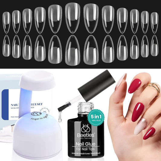 Beetles Nail Extension Kit, 500Pcs Matte Almond Tips + UV Lamp & 5-In-1 Gel Glue