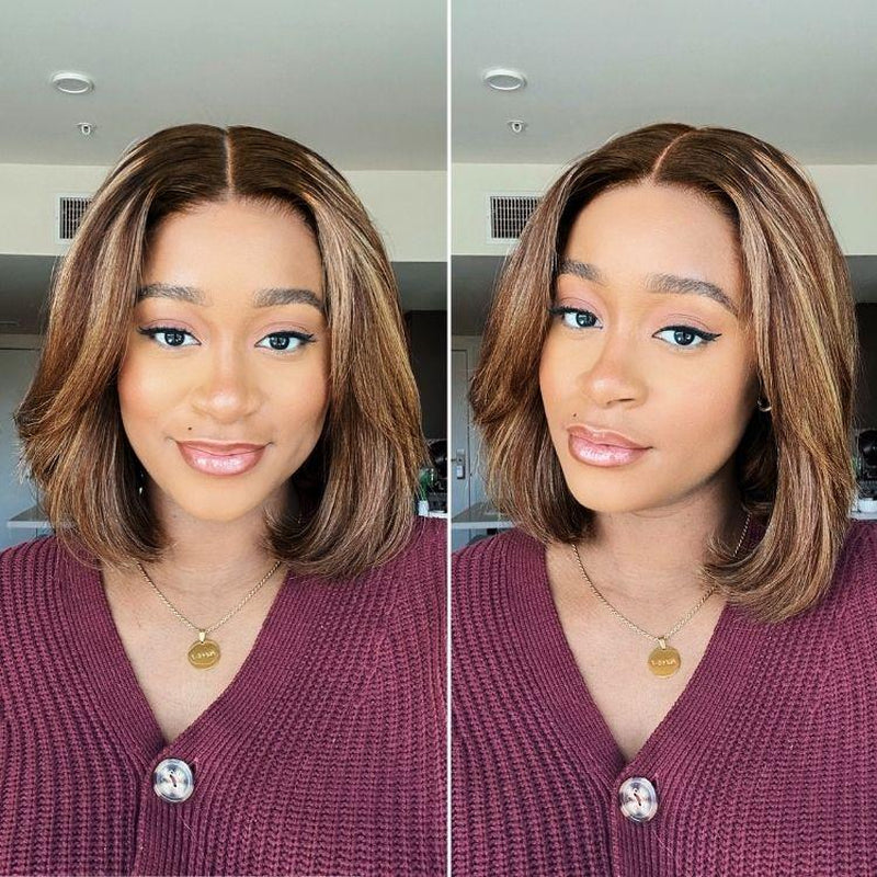 LUVME Blonde Highlight / Brown Highlight Short 180% Density Layered Bob Wig Glueless 5X5 Closure Pre-Cut Lace 100% Human Hair Wig