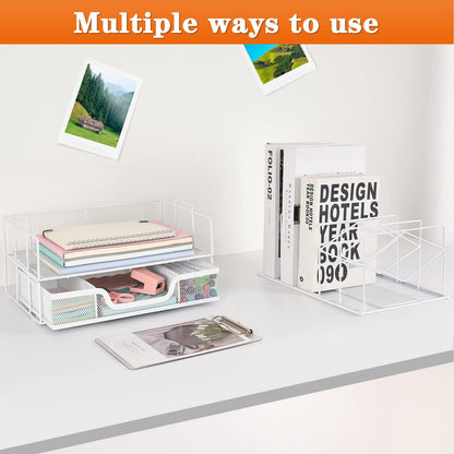Desk Organizers and Accessories, Office Supplies Organizer with Sliding Drawer, Double Tray 5 Upright Section ​File Sorter (White)