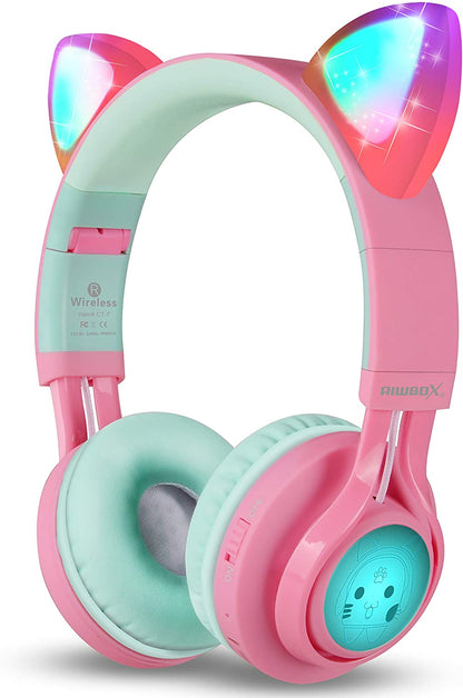 CT-7 Cat Ear Bluetooth Headphones, LED Light up Bluetooth Wireless over Ear Headphones with Microphone and Volume Control for Travel/School/Smartphones/Laptop/Pc/Tv (Pink&Green)