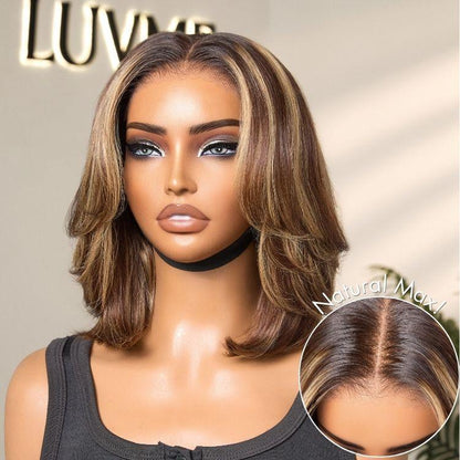 LUVME Blonde Highlight / Brown Highlight Short 180% Density Layered Bob Wig Glueless 5X5 Closure Pre-Cut Lace 100% Human Hair Wig