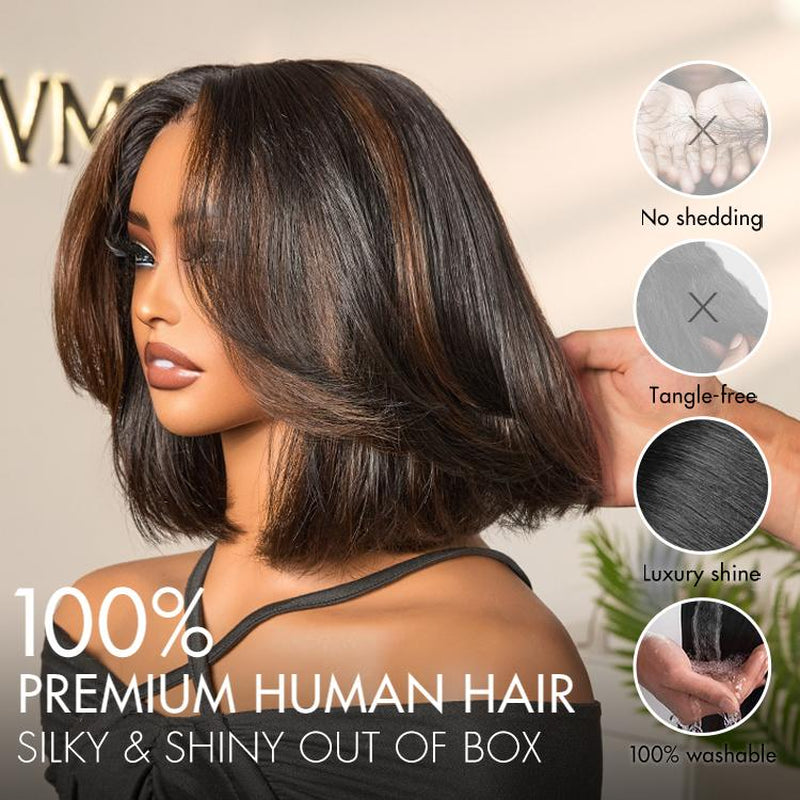 LUVME Blonde Highlight / Brown Highlight Short 180% Density Layered Bob Wig Glueless 5X5 Closure Pre-Cut Lace 100% Human Hair Wig