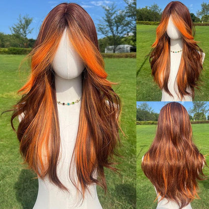 Smilco/24-Inch Brown Orange Highlight Wavy Middle Part Hair for Women/Synthetic Full Machine Wigs/Wigs for Christmas/Sm5029
