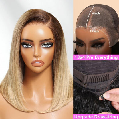 Unice Glueless Piano Highlights Brown Straight Bob Wig with Dark Roots Pre Cut 7X5/13X4 HD Lace Front Human Hair Wigs with Invisible Knots Ready and Go Short Bob Wig for Women Beginners Friendly