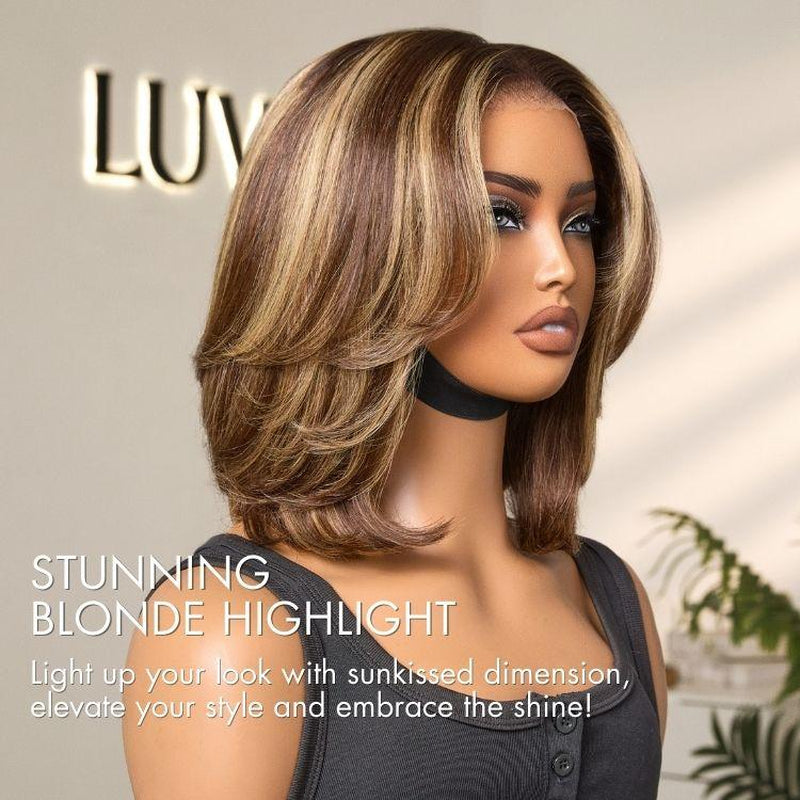 LUVME Blonde Highlight / Brown Highlight Short 180% Density Layered Bob Wig Glueless 5X5 Closure Pre-Cut Lace 100% Human Hair Wig