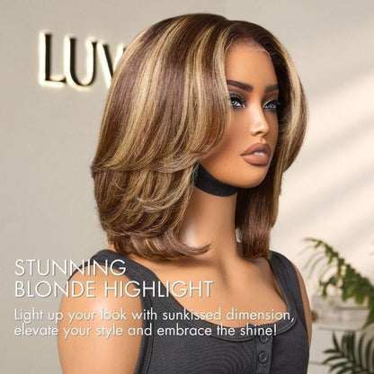 LUVME Blonde Highlight / Brown Highlight Short 180% Density Layered Bob Wig Glueless 5X5 Closure Pre-Cut Lace 100% Human Hair Wig