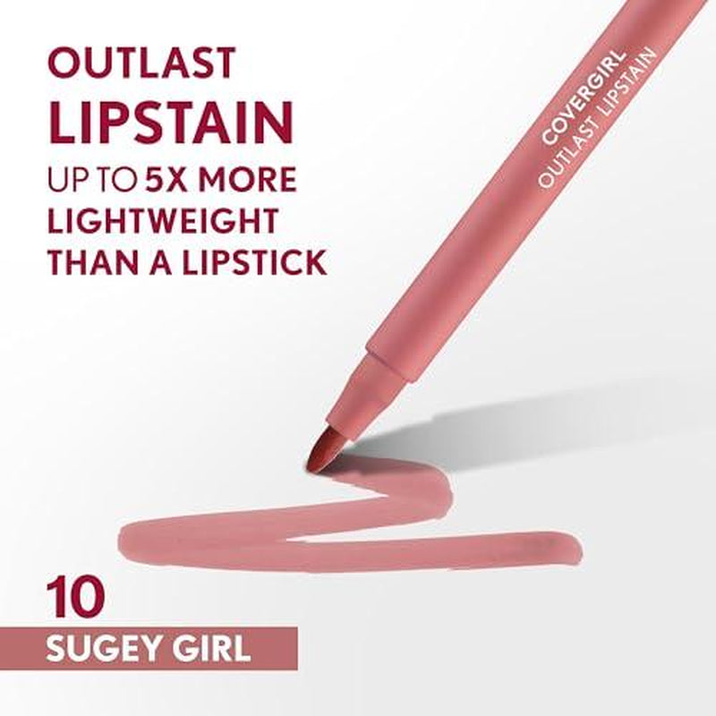 COVERGIRL Outlast, 10 Sugey Girl, Lipstain, Smooth Application, Precise Pen-Like Tip, Transfer-Proof, Satin Stained Finish, Vegan Formula, 0.06Oz Lipstick Makeup Cosmetic