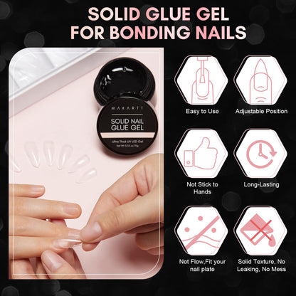 Nail Tips and Glue Kit: 15ML Solid Gel with 500PCS Almond Medium Soft Tips, Full Cover Pre-Buffed Nails, Portable Mini Lamp, and Base Coat for DIY Manicure Art
