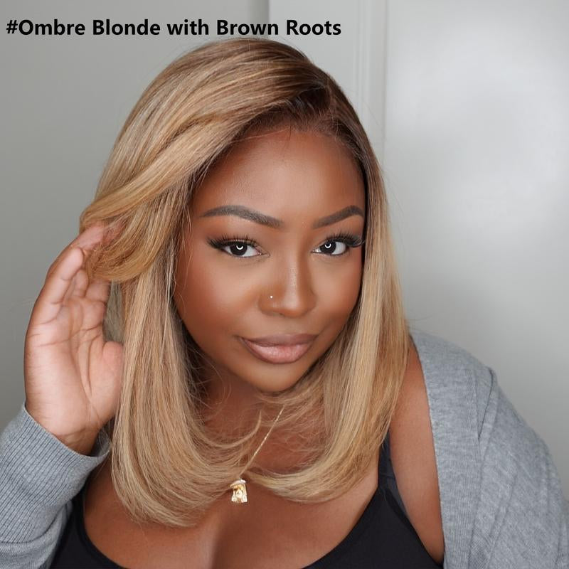 Unice Glueless Piano Highlights Brown Straight Bob Wig with Dark Roots Pre Cut 7X5/13X4 HD Lace Front Human Hair Wigs with Invisible Knots Ready and Go Short Bob Wig for Women Beginners Friendly